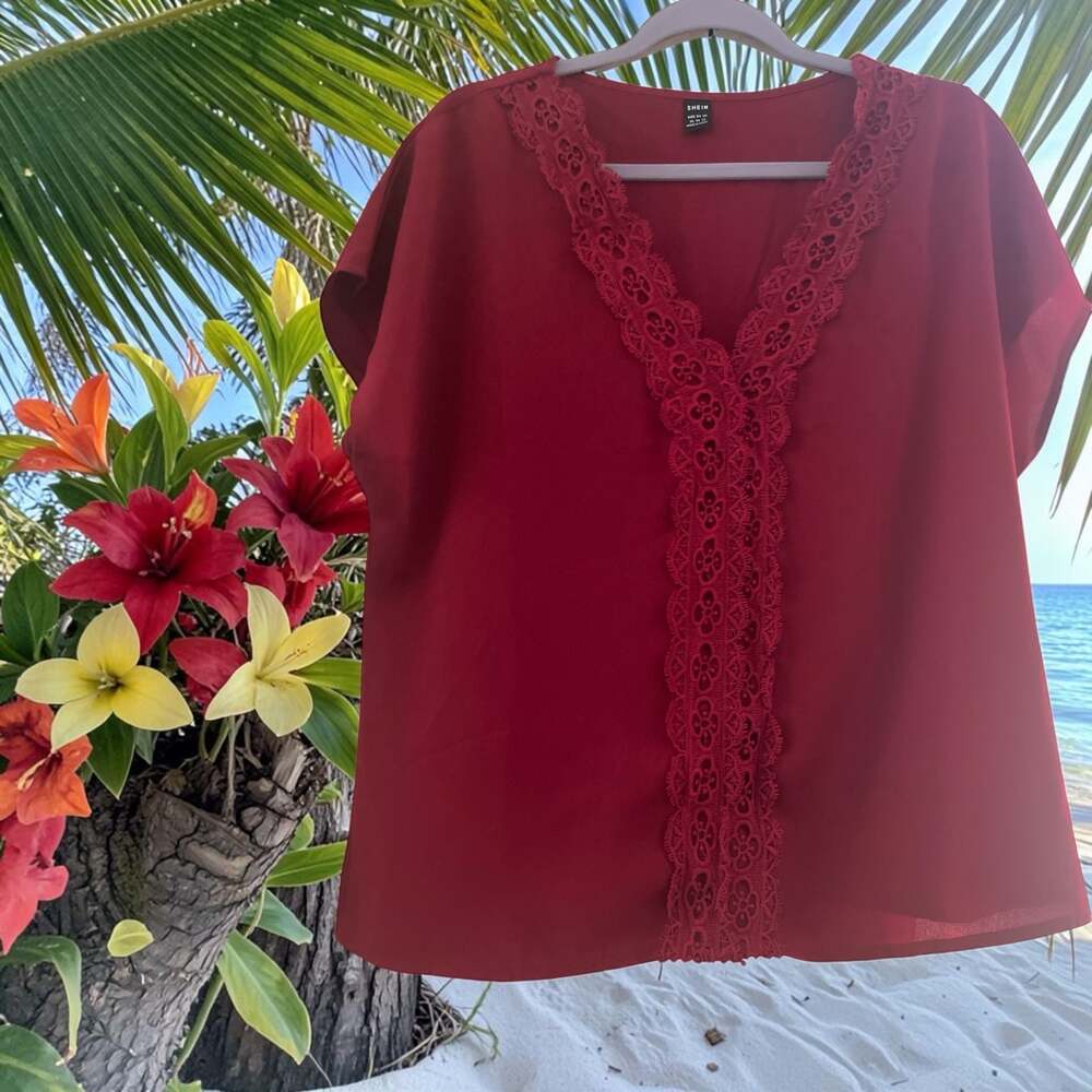 SHEIN Red Lace Trim V-Neck Blouse Size XL